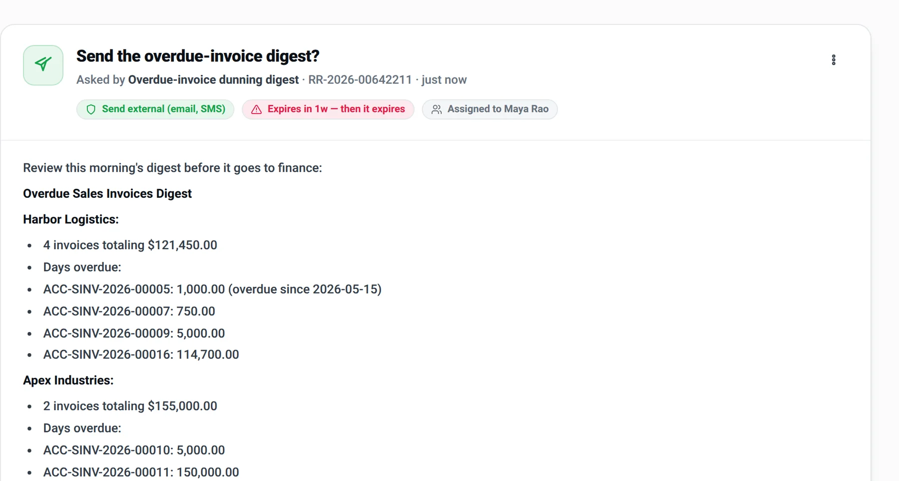An approval request: send the overdue-invoice digest, with the summary grouped by customer.